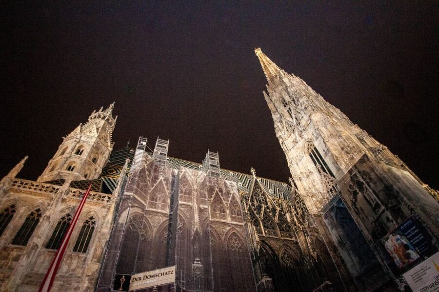 Vienna: Ghosts and Legends Guided Nighttime Walking Tour - St. Stephen’s Cathedral finish: a bright landmark after dark stories